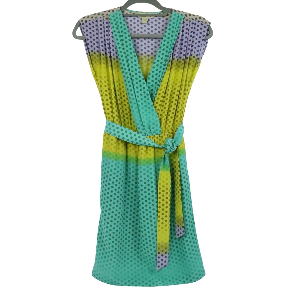 Presley Skye Multicolor Polka Dot Silk Surplice Dress w/ Tie Belt Petite XXS